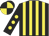 Black and yellow stripes, black sleeves, yellow spots, quartered cap