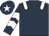 Dark blue, white epaulets, chevrons on sleeves, dark blue cap, white star