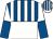Royal blue and white striped, white halved horizontally, white and royal blue halved sleeves, striped cap