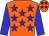 Orange body, big-blue stars, big-blue arms, orange cap, big-blue stars