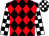 black, red diamonds, black and white checked sleeves and cap