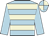 Light blue body, beige hooped, light blue arms, light blue cap, beige quartered