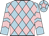 Light blue and pink diamonds, chevrons on sleeves, light blue cap, pink star