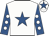 White, royal blue star, royal blue sleeves, white spots, white cap, royal blue star