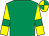 Emerald green, yellow sleeves, emerald green armlets, quartered cap