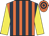 Orange and dark blue stripes, yellow sleeves, orange and dark blue hooped cap