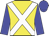 Yellow, white crossed sashes, blue sleeves and cap