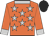 Orange, silver stars, orange sleeves, silver collar and cuffs, black cap