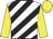 White, black diagonal stripes, yellow sleeves and cap