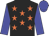 Black, orange stars, blue sleeves and cap