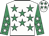 White, emerald green stars, emerald green sleeves, white stars, white cap, emerald green stars