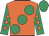 Orange, large emerald green spots, emerald green sleeves, orange spots, emerald green cap