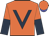 Orange, dark blue 'v' bib, halved sleeves, orange cap, blue peak