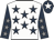 White, dark blue stars, dark blue sleeves, grey stars, dark blue cap, white star