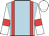 light blue, red braces, white sleeves,  red armlets, white cap