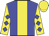 Blue body, yellow stripe, yellow arms, blue diamonds, yellow cap