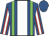 Royal blue, green braces,, white stripe, royal blue and red  striped sleeves, white stripe, royal blue cap