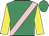 emerald green, pink sash, yellow sleeves, emerald green cap