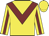 Yellow, maroon chevron, yellow sleeves, maroon stripe, yellow cap