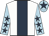 White, dark blue stripe, light blue sleeves, dark blue stars, light blue cap, dark blue star
