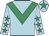 Light blue, emerald green chevron, light blue sleeves, emerald green stars, light blue cap, emerald green star