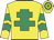 Yellow, emerald green cross of lorraine, emerald green chevrons on sleeves, hooped cap