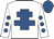 white, royal blue cross of lorraine, white sleeves, royal blue dots, royal blue cap