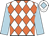 White, Orange diamonds, Light Blue sleeves, White cap, Light Blue diamond