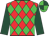 Red body, lime green diamonds, dark green sleeves, lime green and dark green quartered cap