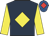 Dark blue, yellow diamond and sleeves, royal blue cap, red diamond
