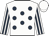 White, dark blue spots, striped sleeves, white cap