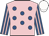 Pink, royal blue spots, royal blue and pink striped sleeves, white cap