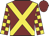 maroon, yellow cross belts, maroon and yellow blocks on sleeves, maroon cap