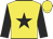 Yellow body, black star, black arms, yellow cap