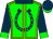 green, indigo horseshoe, gold seams, indigo collar, sleeves and cap, green cuffs and peak