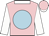 Pink, light blue spot, white collar and sleeves, pink cap, white peak
