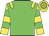 Green body, yellow epaulettes, yellow arms, green hooped, yellow cap, green hooped