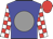 blue, grey ball, red sleeves, white blocks, red cap