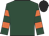 Dark green, orange hooped sleeves, black cap