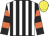 White and black stripes, black and orange hooped sleeves, yellow cap