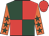 Dark green and red (quartered), orange sleeves, dark green stars, red cap