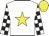 White, yellow star, black and white check sleeves, yellow cap