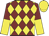Maroon and yellow diamonds, halved sleeves, yellow cap