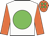 White, green spot, orange sleeves and cap, green spots