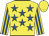 Yellow, royal blue stars, striped sleeves, yellow cap