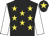 Black, yellow stars, white sleeves, black cap, yellow star