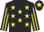 Black, yellow stars, striped sleeves and star on cap