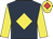 Dark blue, yellow diamond & sleeves, yellow cap, red diamond