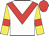white, red chevron, yellow sleeves, red armlets and cap