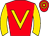Red, gold v bib and sleeves, hooped cap